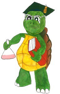 A wise tortoise with a book in one hand and a chemical beaker in another